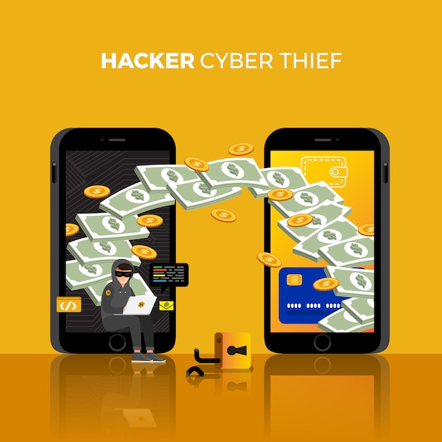 Ladro cyber di attività di hacker di concetto di design piatto sul dispositivo di Internet. illustrare.