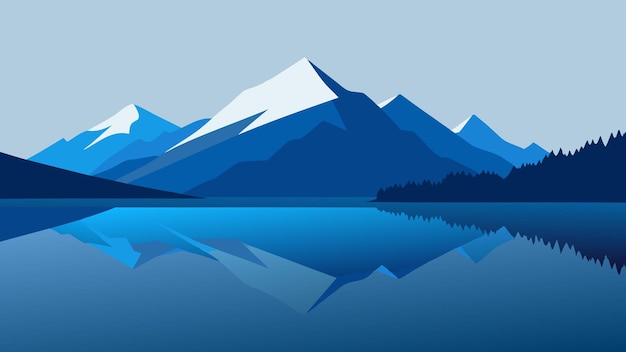 lago che riflette le maestose montagne sullo sfondo sotto un cielo blu limpido illustrazione vettoriale piatta