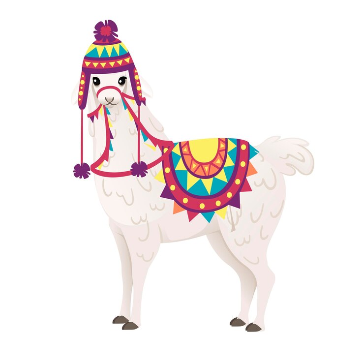 Vettore lama carino che indossa sella e cappello decorativi con modelli di disegno animale del fumetto piatto illustrazione vettoriale isolato su sfondo bianco vista laterale.