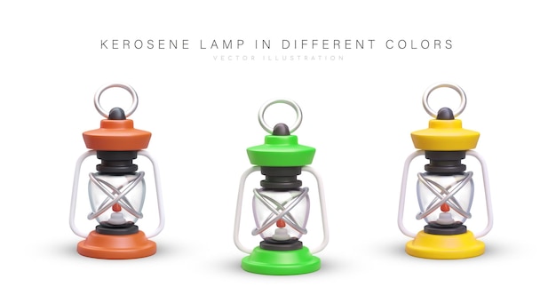 Lampade a cherosene 3D in diversi colori Immagine vettoriale con ombre su sfondo bianco