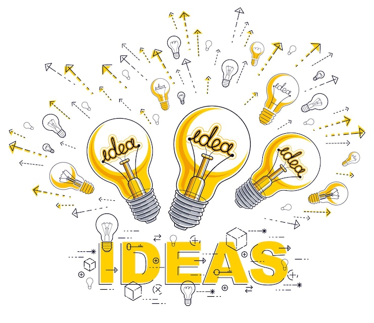 Vettore lampadina brillante e set di icone della lampadina, concetto creativo di idee, allegoria del brainstorming, illustrazione vettoriale.