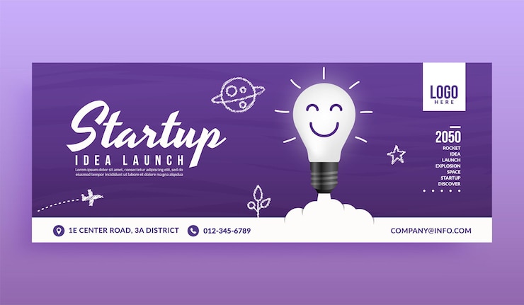 Vettore lampadina che si avvia nello spazio modello di banner di copertina dei social media, idea creativa per l'avvio di un'impresa