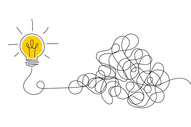 Lampadina con linee aggrovigliate Problem solving e brainstorming Concetto di idea Illustrazione vettoriale