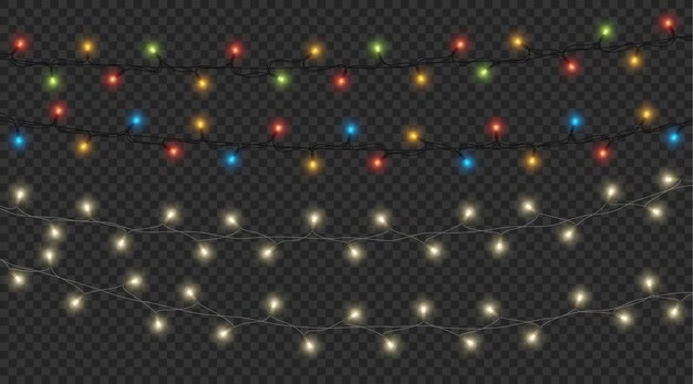 Lampadine incandescenti per Natale e Capodanno. Ghirlanda realistica isolata su sfondo trasparente. Decorazioni natalizie per feste o feste. Illustrazione vettoriale