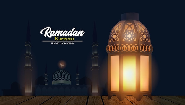 Lanterna araba ornamentale sul pavimento in legno con Ramadan kareem di notte