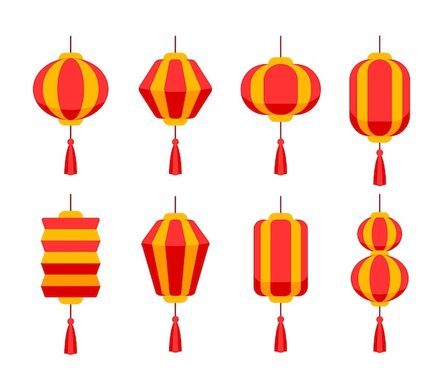 Lanterna cinese elementi di design piatti icone set lampada di carta illustrazione vettoriale di cartoni animati EPS