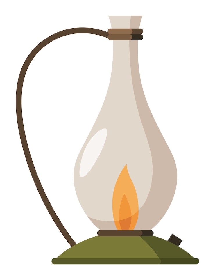 Vettore lanterna da campeggio vintage o lampada a olio maniglia lampade a gas per escursioni turistiche fiamma bagliore bruciatura del carburante del campo isolato su sfondo bianco
