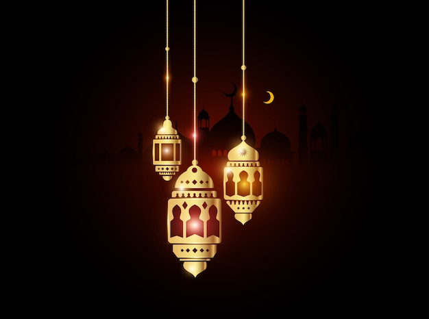 Lanterna del Ramadan dell&#39;oro con la priorità bassa della moschea
