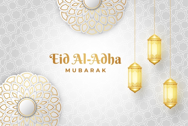 Lanterne d'oro di Eid Al-Adha Mubarak e eleganti disegni islamici