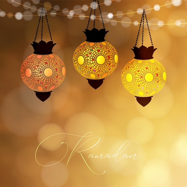 Lanterne decorative appese che brillano di notte Stringhe di luci bokeh Biglietto di auguri invito per la vacanza musulmana Ramadan Kareem EidulFitr Festive sfondo dorato sfocato vettoriale illustrazione