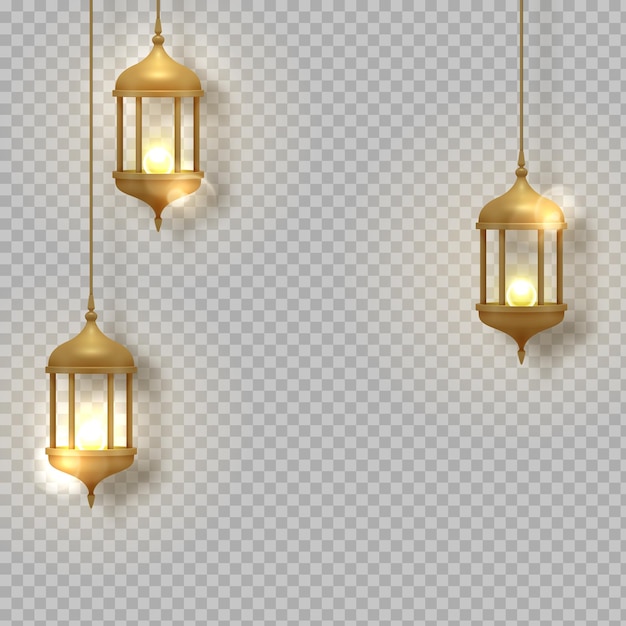 Lanterne luminose vintage dorate. Lampade brillanti arabe. Lampade realistiche sospese isolate. Effetti di sfondo vettoriale trasparente