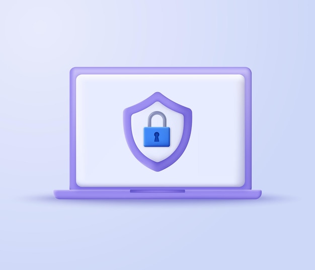 Laptop 3D con simbolo di scudo di sicurezza Progettazione 3D del concetto di sicurezza informatica e protezione dei dati Tecnologia sicura Illustrazione vettoriale