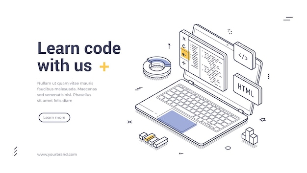 Laptop che visualizza codice HTML con elementi di design attorno a un banner web line art di configurazione dello spazio di lavoro
