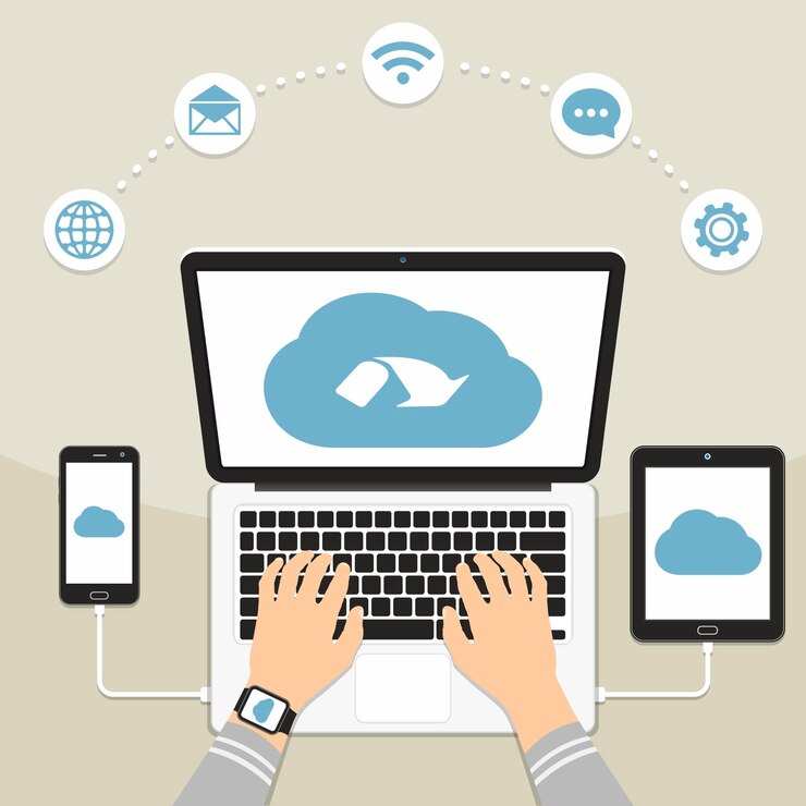 Vettore laptop con dispositivi connessi al cloud