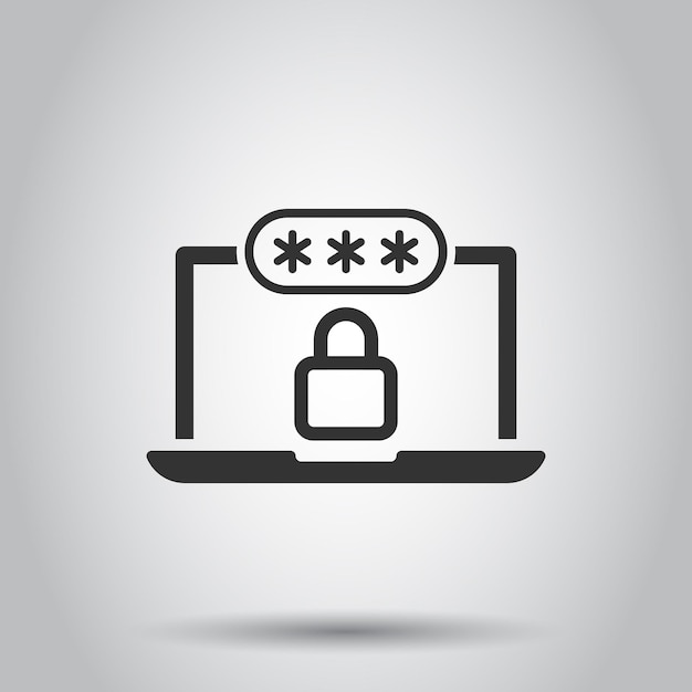 Laptop con icona password in stile piatto Illustrazione vettoriale di accesso al computer su sfondo bianco isolato Concetto aziendale di ingresso con lucchetto