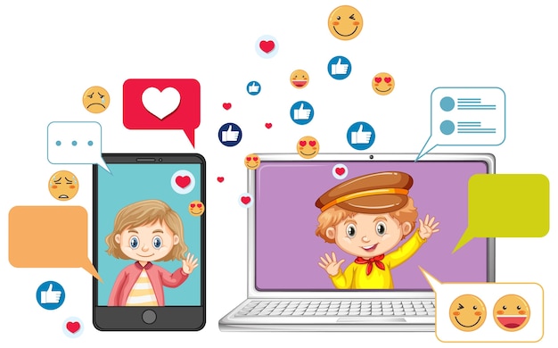 Laptop e smartphone con stile cartoon icona emoji isolato su priorità bassa bianca