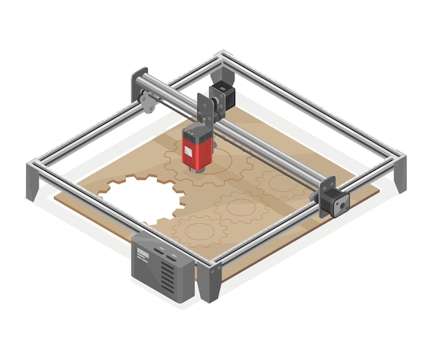 Laser cutter Engraver mini macchina cnc isometrica programmabile vettore cartone animato isolato