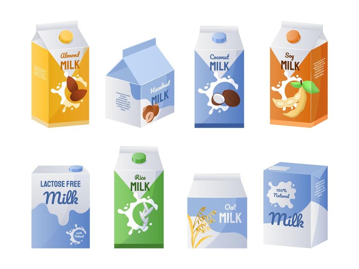 Vettore latte biologico collezione di bevande vegetariane per caffè e tè sostituzione del latte vegano contenitori per alimenti in cartone isolati prodotti liquidi senza lattosio set di bevande salutari vettoriali