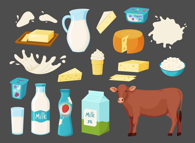 Vettore latte e mucca prodotti alimentari e animali da fattoria panna acida burro o formaggio ciotola per cagliata bottiglia di yogurt latticini fermentati pasto con lattosio spruzzi di bevande di calcio set di nutrizione dietetica vettoriale