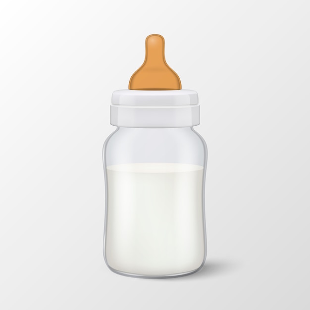 latte materno in bianco realistico della madre del bambino in primo piano dell'icona della bottiglia per il latte del bambino su fondo bianco. Modello di contenitore del latte sterile, per la grafica