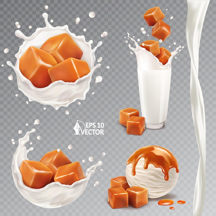Vettore latte o yogurt realistico vettoriale gelato aromatizzato caramel toffee pezzi che cadono in una spruzzata di latte