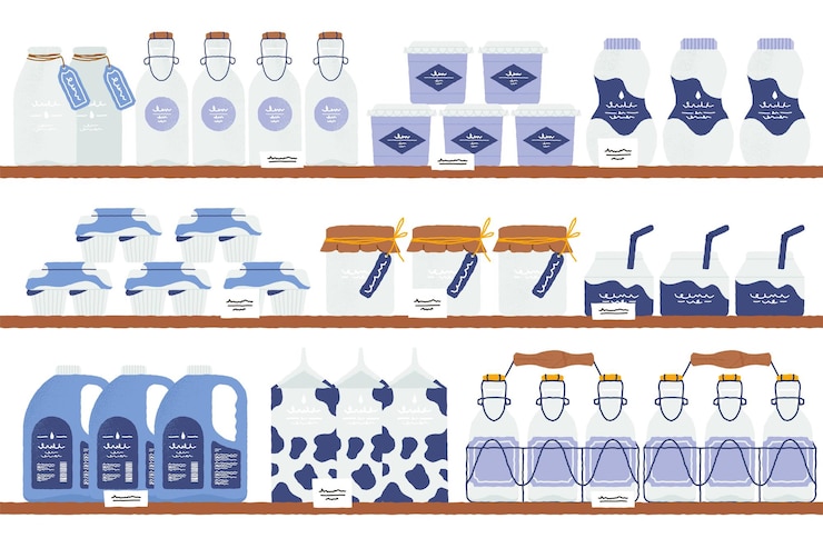 Vettore lattiero-caseario sugli scaffali interni di supermercati con formaggio al burro di latte e yogurt negli scaffali dei negozi imballaggio vettoriale di prodotti lattieroccolorici in linea illustrazione