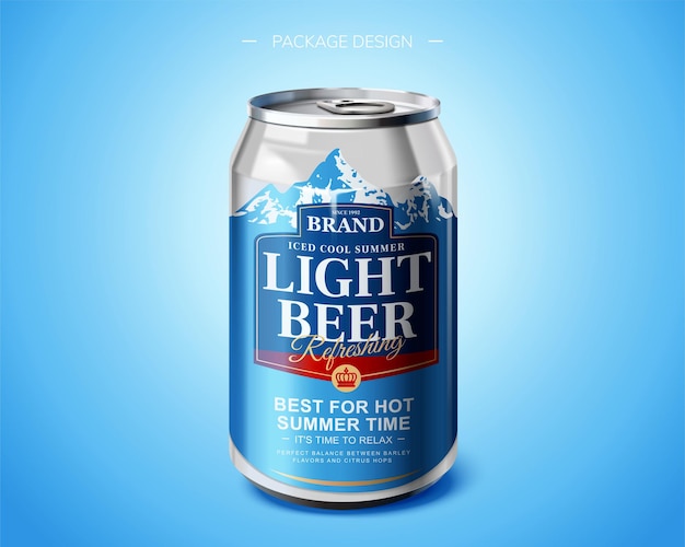 Lattina di alluminio per birra leggera design del pacchetto su sfondo blu in illustrazione 3d