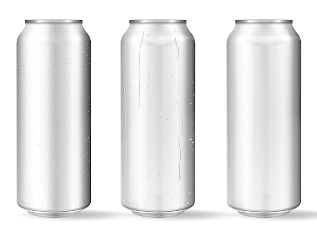 Lattine di alluminio realistiche con gocce d'acqua Lattine metalliche per birra, soda, limonata, succo di bevanda energetica, mockup vettoriale vuoto con spazio per la copia