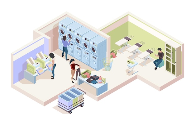 Lavanderia industriale. Interno isometrico della raccolta di vettore sgargiante degli strumenti asciutti della casa di lavanderia del servizio di pulizia. Lavanderia a gettoni e lavanderia all'interno, asciugatura dei vestiti e illustrazione di piegatura