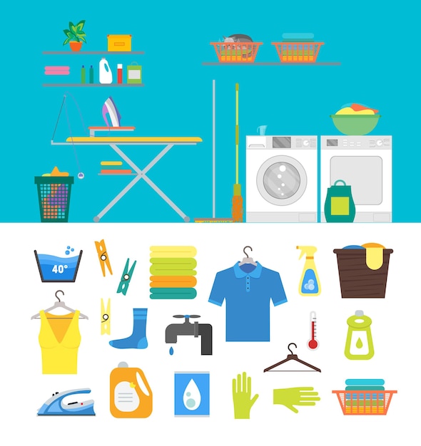Lavanderia interna con lavaggio mobili, stiratura lavori domestici e set di parti in stile design piatto. Illustrazione vettoriale