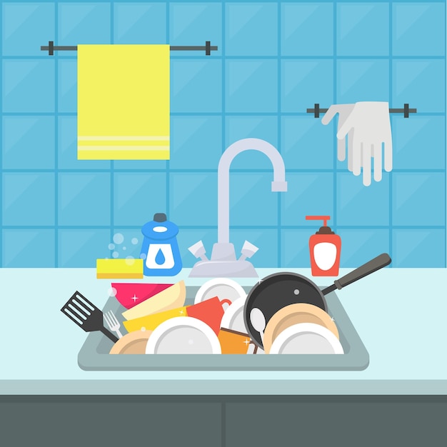 Lavandino da cucina a cartone animato con diversi utensili da cucina Includi piatti utensili asciugamano e spugna per lavare disegno piatto illustrazione vettoriale