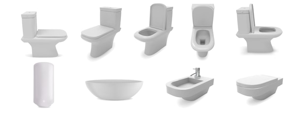 Lavandino wc bagno isolato su sfondo bianco. Oggetti vettoriali realistici 3D. Mobile bagno in ceramica, lavabo, scaldabagno, bidet. Illustrazione dell'interno della casa.