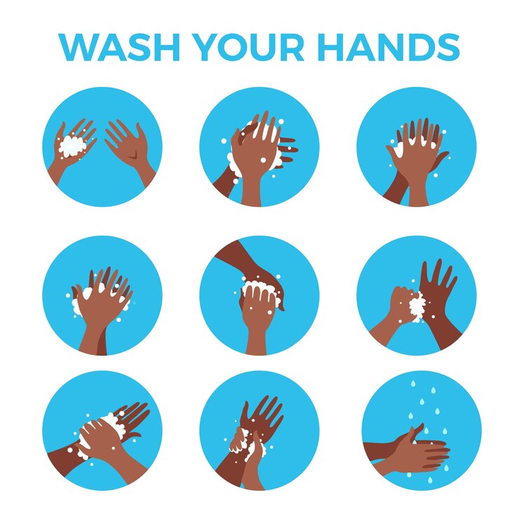Vettore lavarsi le mani con acqua e sapone correttamente fumetto illustrazione vettoriale. piatto concetto variopinto di procedura di pulizia della pelle personale di igiene delle cure mediche. modello di progettazione dei passaggi di protezione per la prevenzione dei virus