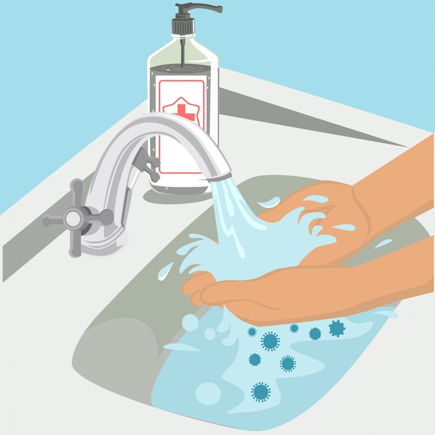 Lavarsi le mani con l'illustrazione del disinfettante