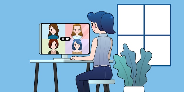Lavora dall'illustrazione domestica, videoconferenza del gruppo della donna, concetto online di comunicazione.