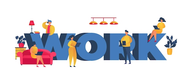 Lavorare a casa persone coworking concetto di spazio illustrazione vettoriale Lavoro grandi lettere mn e wom n freelance che lavorano