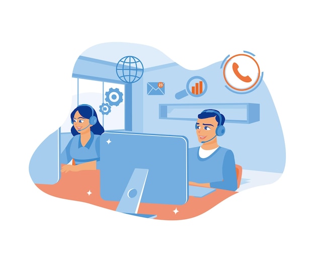Lavoratore del call center che utilizza cuffie in un ufficio moderno Riceve le chiamate dei clienti