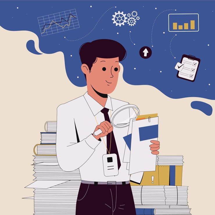 Lavoratore maschio che esamina attentamente i dati utilizzando la lente di ingrandimento