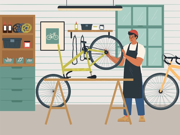 Lavoratore meccanico che sostituisce e ripara la ruota rotta della bicicletta di un cliente