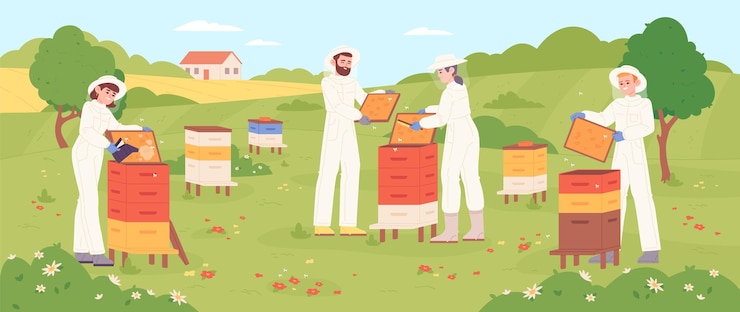 Vettore lavoratori dell'apiario giardino apicoltura apicoltore cura ape miele produzione persone che lavorano keepe ape farm polline cera d'api campagna natura paesaggio sgargiante illustrazione vettoriale