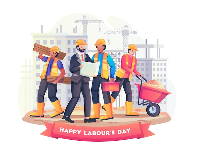 Lavoratori edili che lavorano insieme per costruire un edificio il 1° maggio illustrazione della festa del lavoro