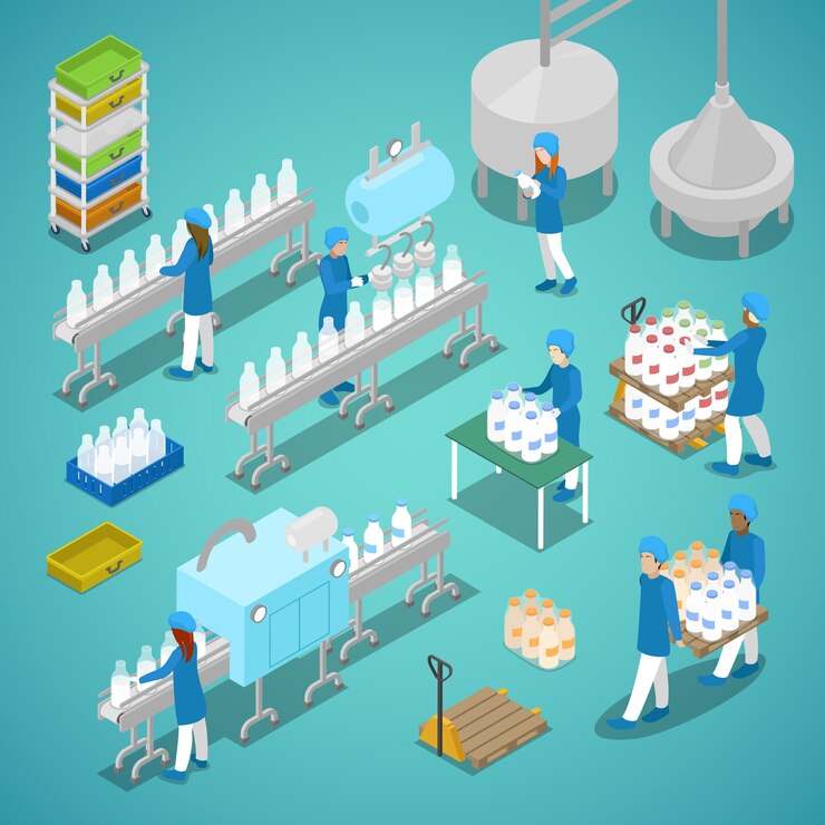 Vettore lavoratori isometrici nella fabbrica di latte