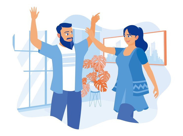 Vettore lavoratori maschi e femmine si danno l'un l'altro i cinque in ufficio celebrate il successo insieme concetto di lavoro in ufficio illustrazione vettoriale piatta