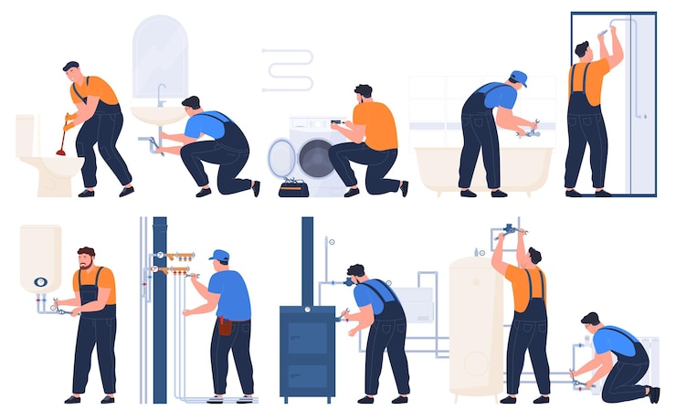 Vettore lavori idraulici gli idraulici riparano e installano una lavatrice lavello caldaia illustrazione vettoriale
