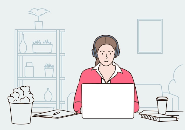 Lavoro a distanza, telelavoro e outsourcing globale. Donna seduta a casa e utilizzando laptop, comunicare con i colleghi. Illustrazione vettoriale piatta