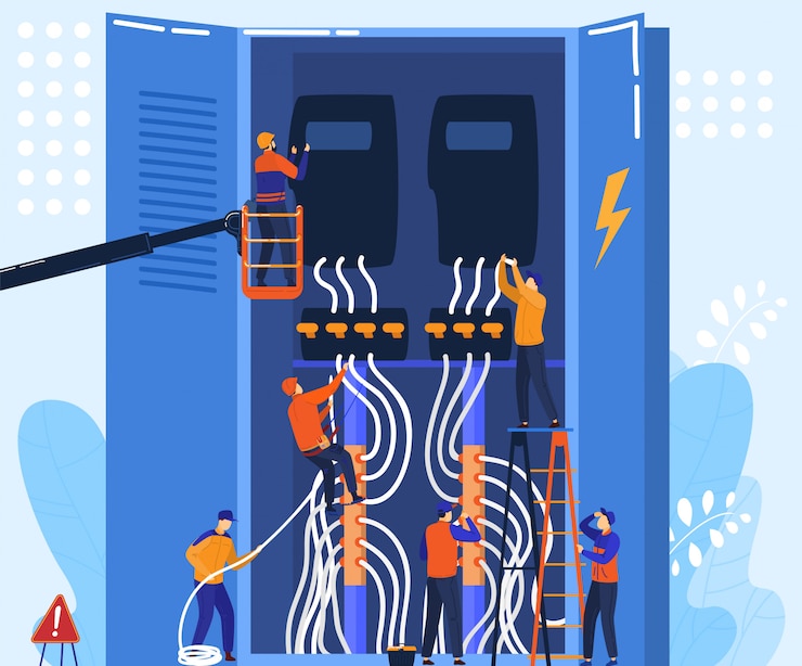 Vettore lavoro di gruppo dell'elettricista con il pannello elettrico, concetto minuscolo dei personaggi dei cartoni animati della gente, illustrazione