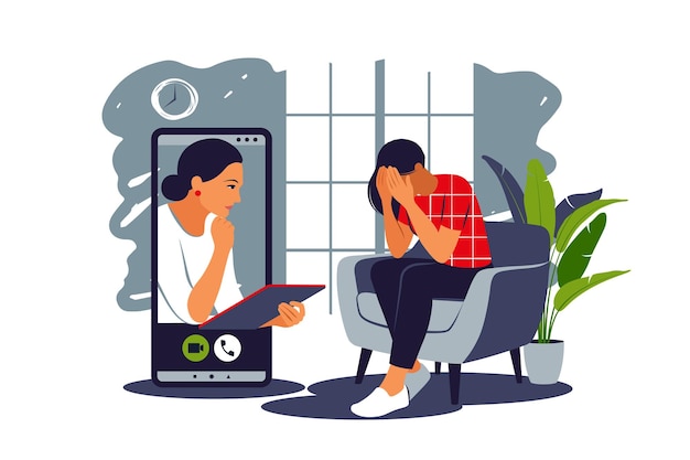 Lavoro di psicologia online Depressioni di consulenza e ansia Due donne sono sedute e parlano online Concetto di salute mentale Illustrazione vettoriale