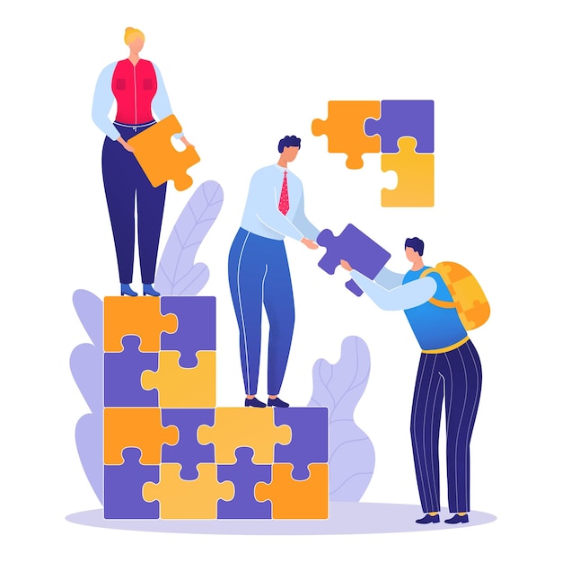 Lavoro di squadra azienda gruppo di lavoro persone di successo avviare un'azienda personaggio tenere puzzle dettaglio piatto