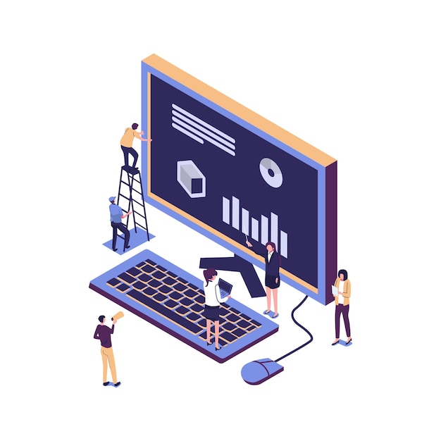 Lavoro di squadra creativo Le persone stanno costruendo un progetto aziendale su Internet Lo schermo del monitor è un cantiere Esecuzione collettiva di attività