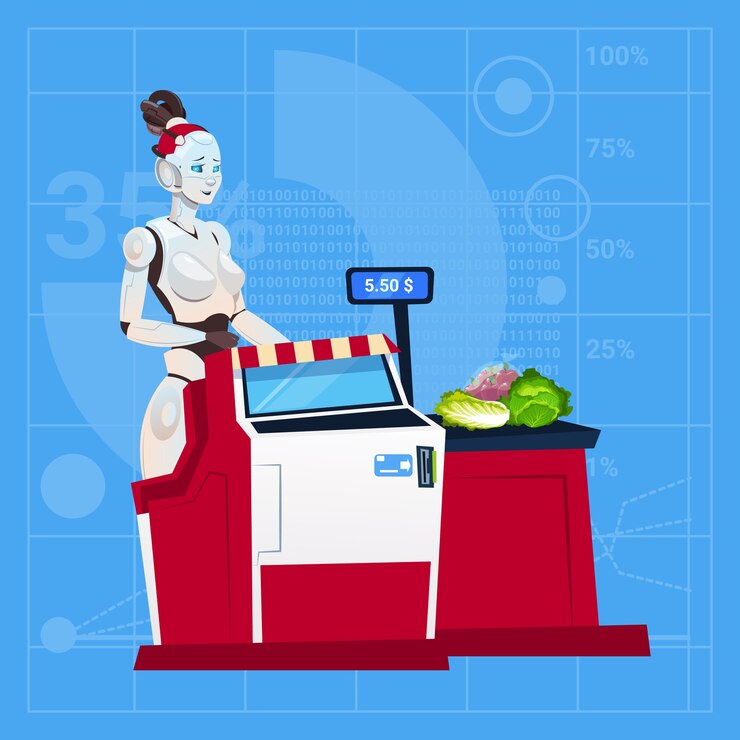 Vettore lavoro femminile moderno del robot nel centro commerciale